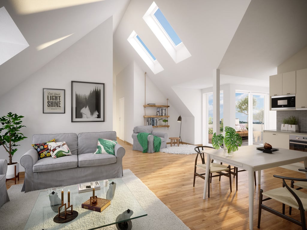 Arkitekturvisualisering 3D Visualisering Interiör Bergslagen Loft Allrum Vardagsrum Matsal Matbord Soffa Snedtak Takfönster