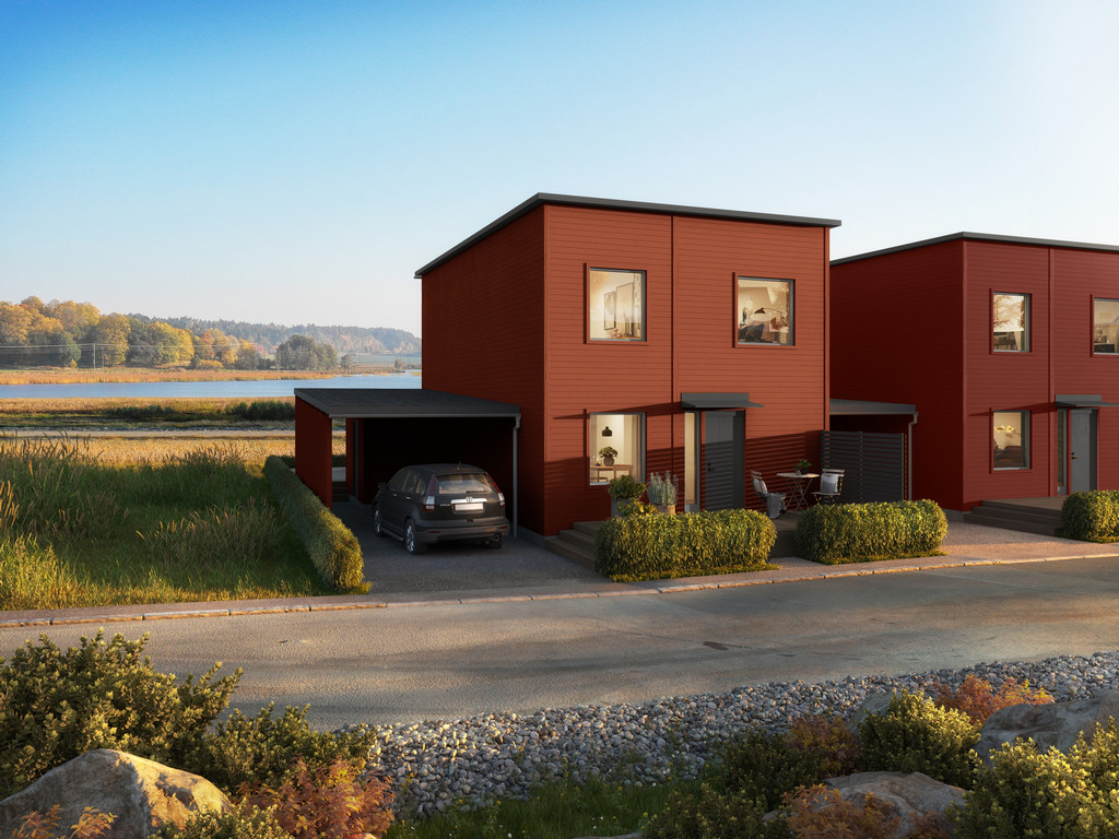 Arkitekturvisualisering 3D Visualisering Exteriör Brygga Modern Villa Hus Kedjehus Landskap Natur