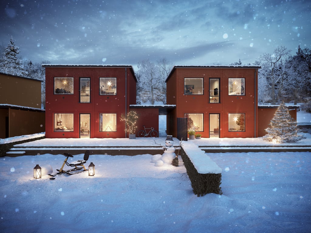 Arkitekturvisualisering 3D Visualisering Exteriör Brygga Modern Villa Hus Kedjehus Landskap Vinter Snö
