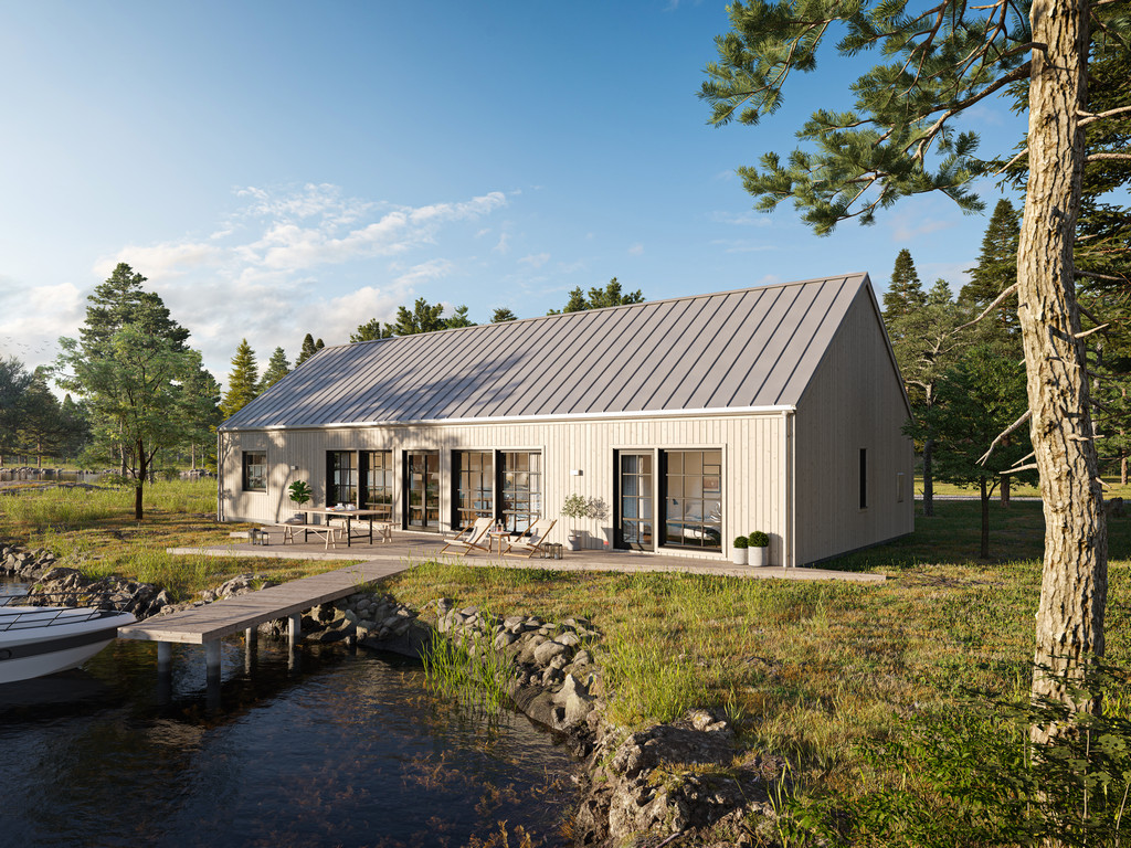 Arkitekturvisualisering 3D Visualisering Exteriör Villa Djurås Stuga Natur Landskap Brygga Vattendrag Sjö älv