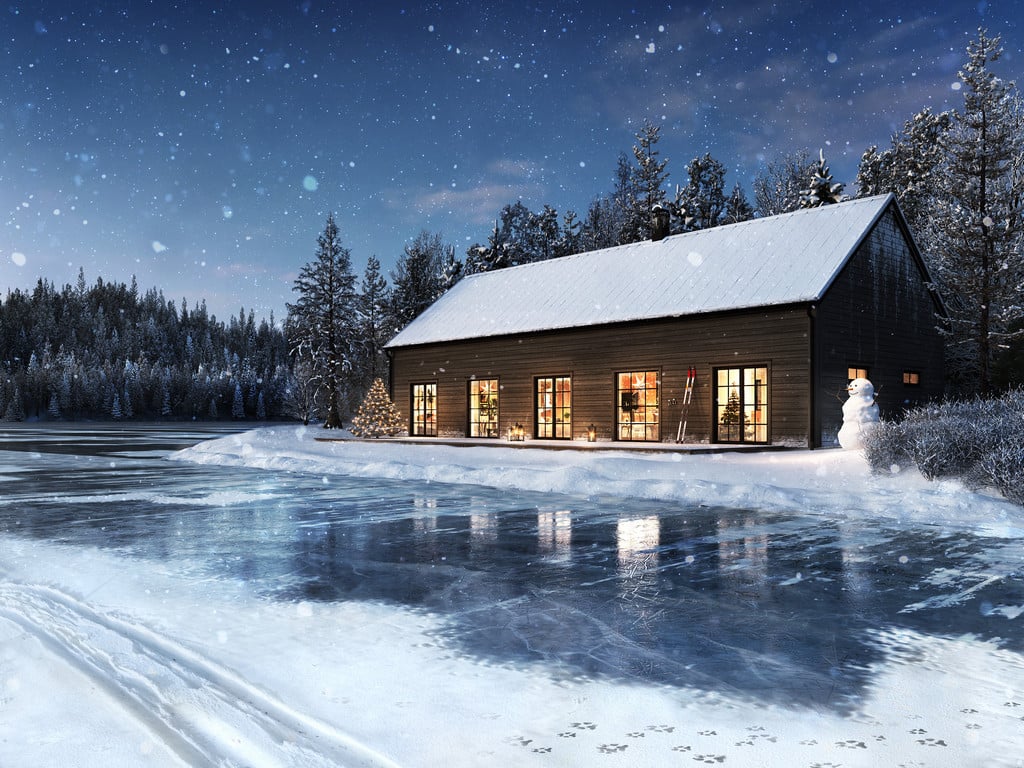 Arkitekturvisualisering 3D Visualisering Exteriör Frösö Villa Stuga Vinter Snö Frusen Sjö Älv Vattendrag Kväll