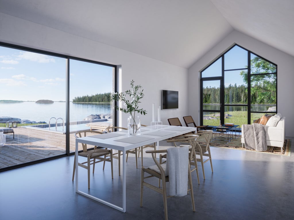 Arkitekturvisualisering 3D Visualisering Interiör Villa Allrum Vardagsrum Soffa TV Matsal Matbord Sjöutsikt Sjö Utsikt