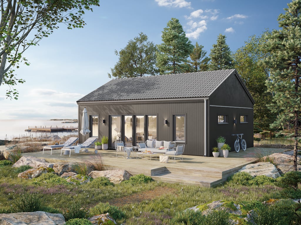 Arkitekturvisualisering 3D Visualisering Exteriör Villa Stuga Havsutsikt Hav Utsikt Sjöutsikt Sjö Natur Trädäck Terrass Uteplats