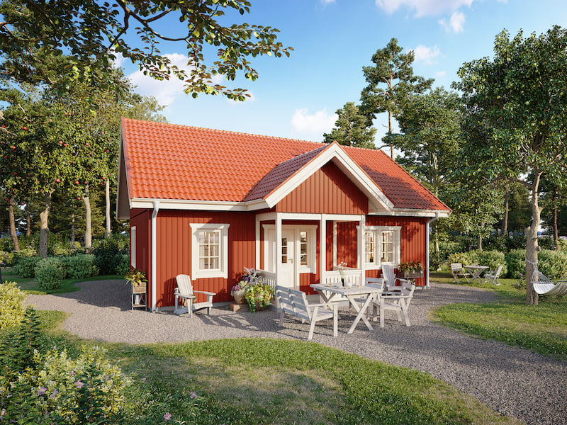 Arkitekturvisualisering 3D Visualisering Exteriör Villa Stuga Natur Skog Utemöbler