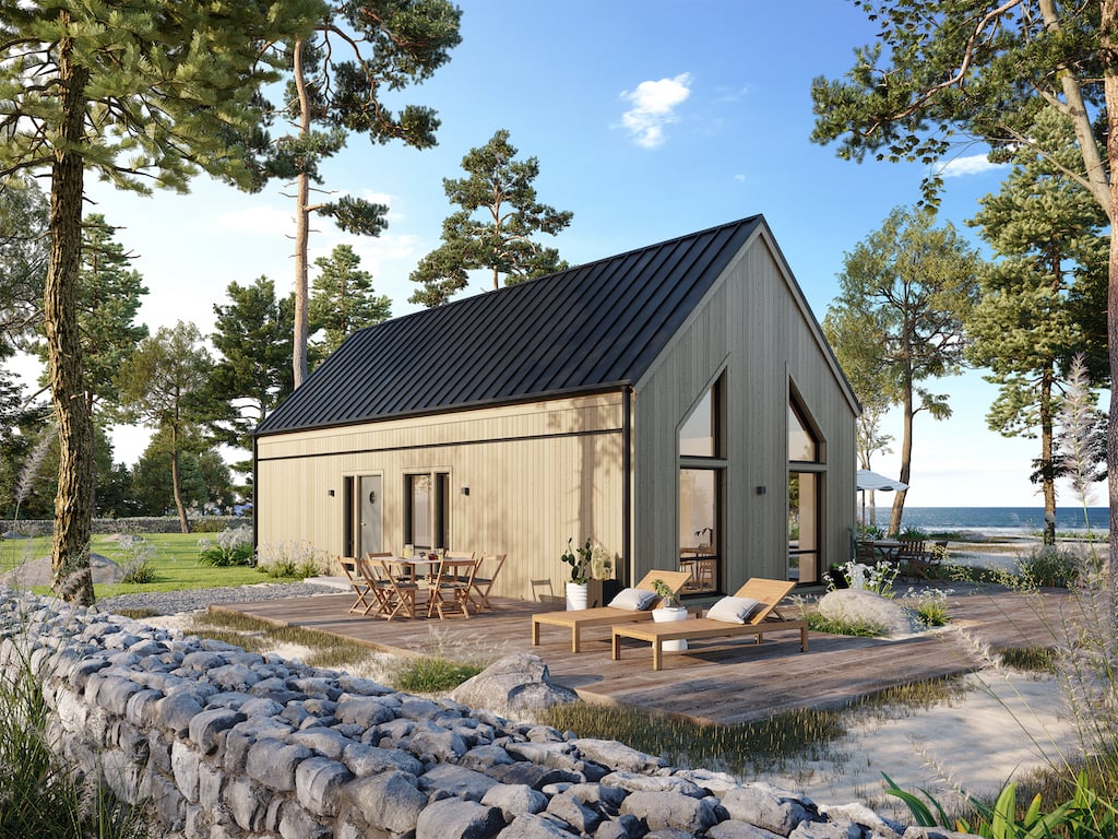 Arkitekturvisualisering 3D Visualisering Exteriör Villa Skog Terrass Stenmur