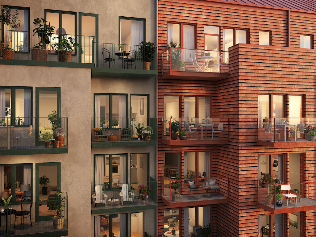 Arkitekturvisualisering 3D Visualisering Exteriör Fasad Herobild Solna Lägenheter Balkonger Solnedgång